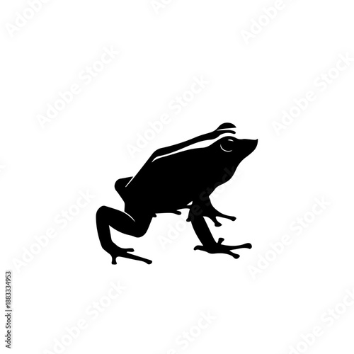 A black silhouette of a frog with its legs splayed out on a white background.