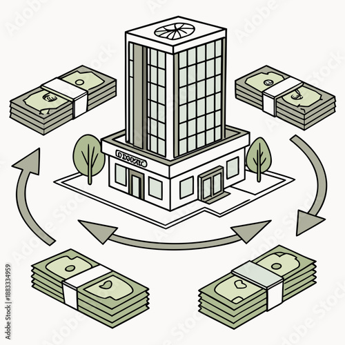 Bank building with stacks of money and circular arrows