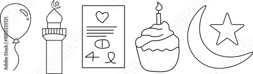 Celebration and Religious Festivity Icon Collection with Birthday Cake, Candle, Mosque Mina, Balloon, Sheet, and Star Moon Elements — High-Quality Isolated Vector Illustration on White Background