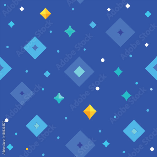 Subtle blue vector seamless pattern with small diamond shapes, stars, rhombuses, and dots.