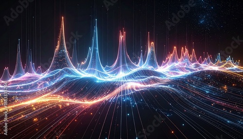 Abstract digital landscape with glowing blue, orange, and pink data waves and peaks on a dark background, representing complex information visualization.