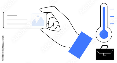 Identity verification, business security, thermal scanning, corporate credentials, employee health, data management. A hand holds an ID card with thermometer and briefcase symbols. Identity