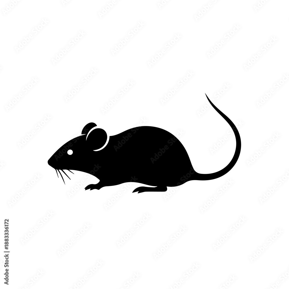 Obraz premium A simple black silhouette of a mouse with a long tail and whiskers.