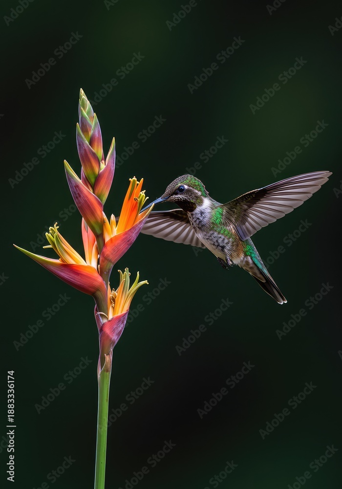 Fototapeta premium A vibrant, colorful hummingbird hovers gracefully in midair, utilizing its rapid wing movements while extracting sweet nectar from a tropical garden bloom ,fast ,wild ,avian