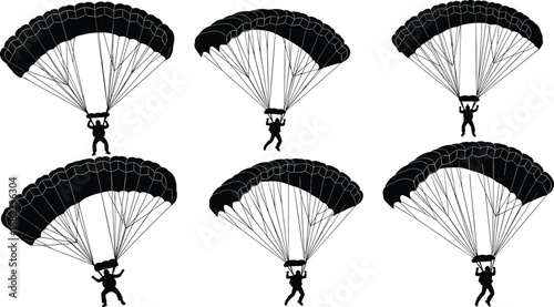 Parachuting silhouette set, skydiver landing poses, black parachute collection, extreme sport illustration, airborne adventure concept, white background