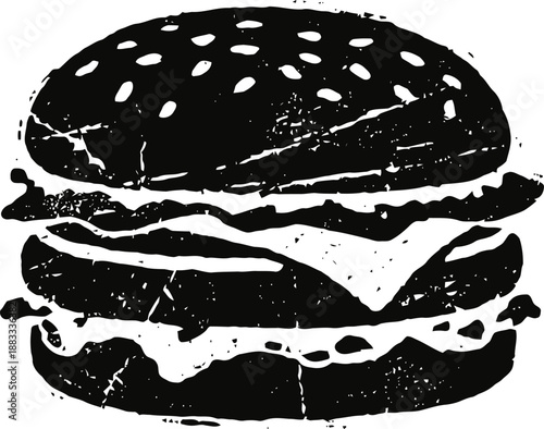 Classic cheeseburger with lettuce and sesame seed bun silhouette in vintage grunge