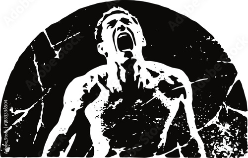 Expression of intense emotion in black and white silhouette with distressed texture background