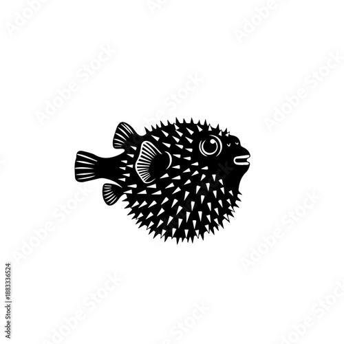 Stylized black and white illustration of a pufferfish with prominent spikes and large eyes, swimming in profile.
