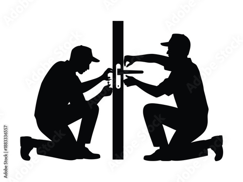 Two men repairing door lock isolated on white background, Vector, illustration