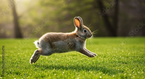 A wonderfully fluffy domestic rabbit hops and frolics playfully across a sunny green lawn, celebrating spring with an adorable joyful leap ,joy ,whiskered ,spring