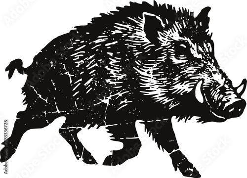 Wild boar running with dynamic motion black and white illustration of feral pig in aggressive posture