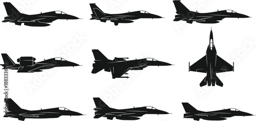 F16 fighter jet silhouette set showing multiple angles, military aircraft views, combat jet shapes for aviation design, aerospace graphics, defense illustration and tactical aircraft artwork