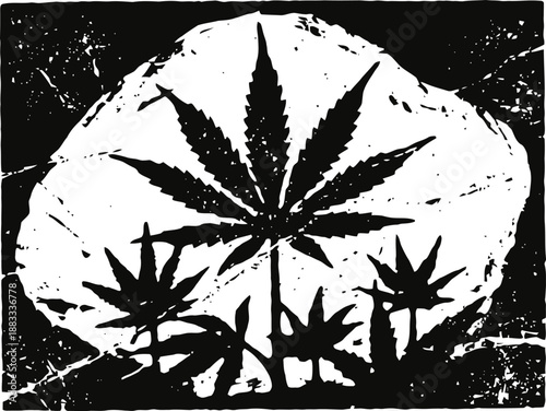 stylized black and white cannabis leaf silhouette with smaller leaves on textured background
