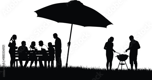 People enjoying outdoor barbecue party silhouette, friends gathering under umbrella, summer picnic cooking scene, social lifestyle illustration isolated