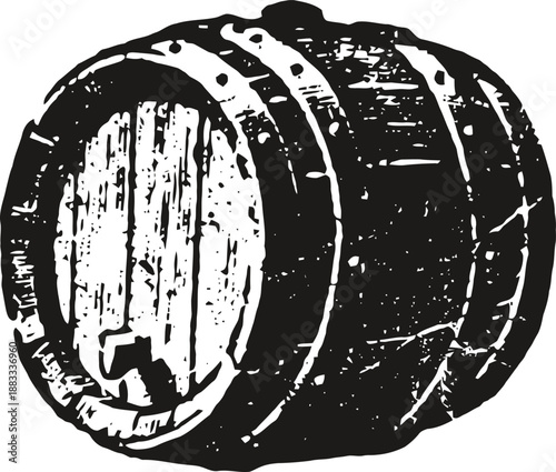 Vintage wooden barrel with metal bands, rustic container for storage or aging liquids