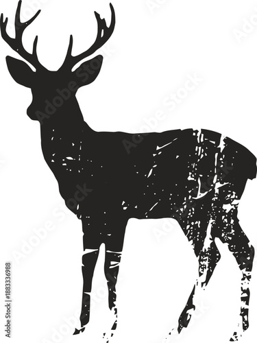 Silhouette of a stag with antlers in distressed black texture on white background