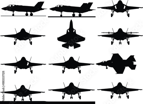 Fighter jet silhouettes collection featuring multiple angles, military aircraft front, side and top views, modern stealth jet icons for aviation, defense, aerospace and tactical design