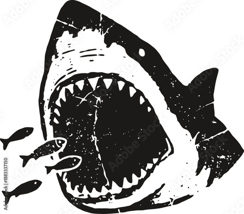 Shark with wide open jaws hunting small fish underwater silhouette design