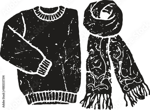 Wool sweater and patterned scarf illustration set with cozy winter clothes accessories