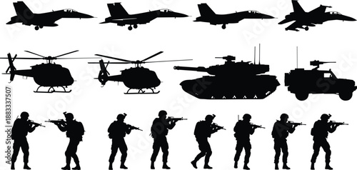 Military silhouettes featuring fighter jets, helicopters, tanks, armored vehicles, and soldiers in combat poses for defense illustration, tactical design, security graphics, and training artwork