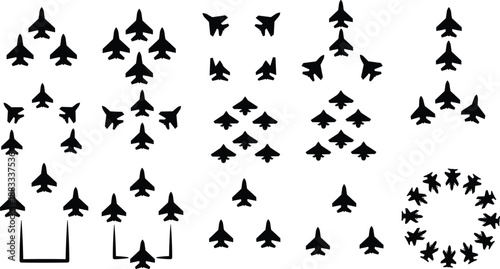 Military jet formation silhouettes featuring fighter aircraft groups, aviation patterns, aerial formations, tactical flight shapes, squadron symbols, and aircraft arrangement icons for aviation design