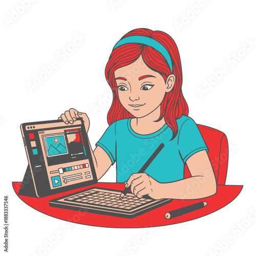 Young girl artist working on digital tablet with stylus and keyboard, creating art.