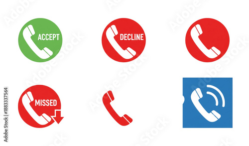 Phone call accept and decline UI icons flat vector set isolated on white background