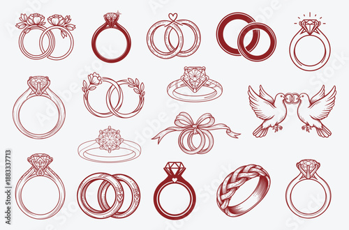Wedding Ring Illustration Set with Engagement Bands and Love Symbols, Elegant Marriage Jewelry Collection Artwork for Invitations and Creative Designs