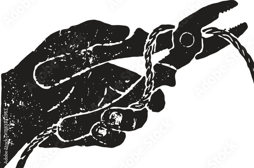 Hand using pliers to cut a rope string with worn texture illustration