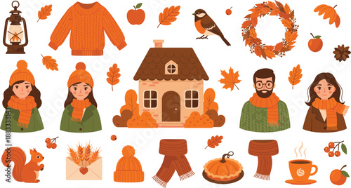 Autumn Cozy Lifestyle Illustration Set with Fall Fashion, Home, Nature and Seasonal Elements Flat Vector