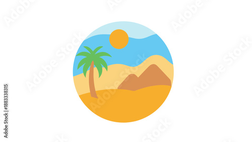 A vibrant desert landscape illustration with a palm tree and sunny sky