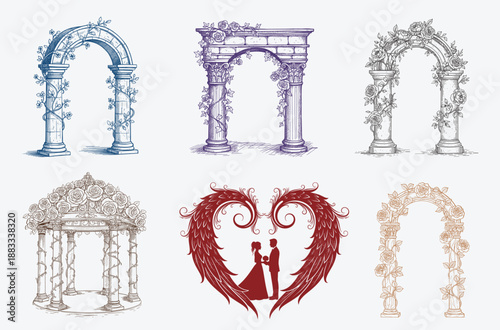 Romantic Floral Arch and Garden Pavilion Illustration Set, Elegant Wedding Love Ceremony Frame Collection Artwork for Invitations, Cards and Creative Designs