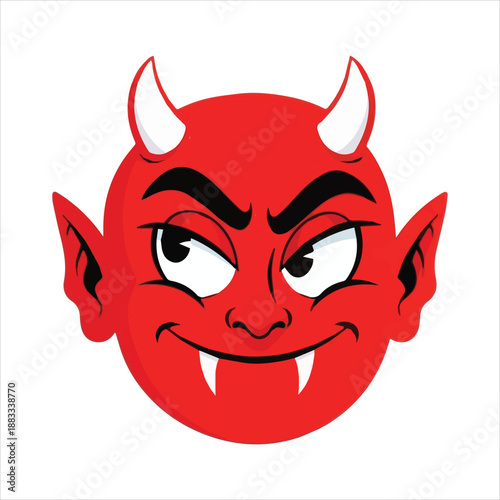 a vibrant red cartoon devil face with horns pointed ears and a mischievous sly grin expression