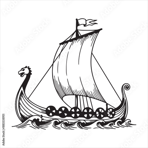 a detailed black and white illustration depicts a traditional viking ship with a dragon head prow