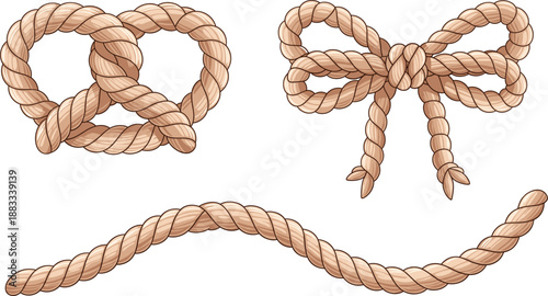 Rope Knot and Bow Set Illustration Showing Twisted Cord, Tie and Nautical Elements Flat Vector