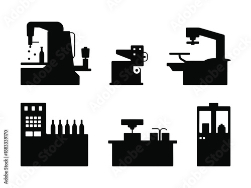 Various industrial machines in operation isolated on white background, Vector, illustration
