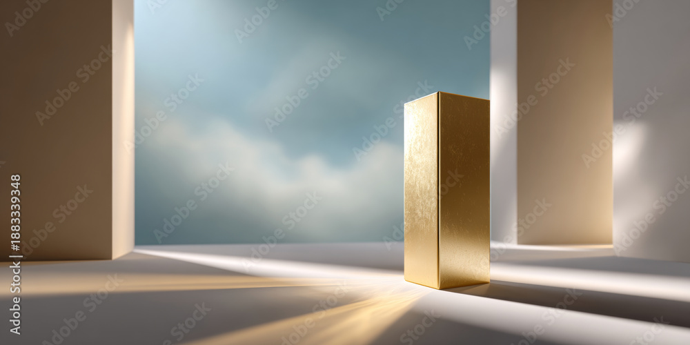 Fototapeta premium Minimalist golden rectangular prism standing in a modern architectural space with soft natural light and cloudy sky background