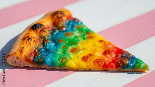 Vibrant rainbow cheese pizza slice on a pink striped background