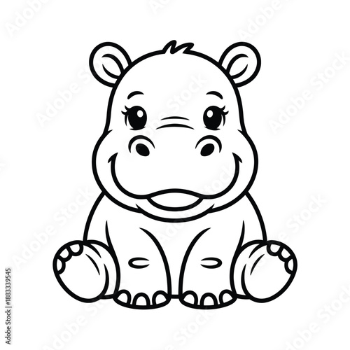 Cute cartoon hippo sitting isolated on white background, Vector, illustration