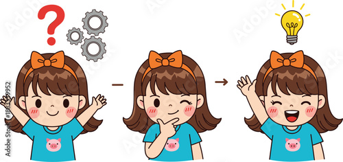 Cute Girl Thinking Process Illustration Showing Question, Idea and Solution Concept Flat Vector