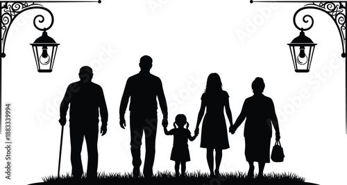 Family silhouette walking together, generations holding hands, parents child grandparents, love bonding concept, black figures isolated on white background
