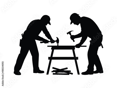 Two men working on woodworking project isolated on white background, Vector, illustration