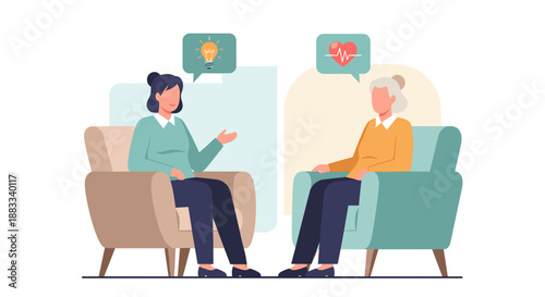 Mental health consultation between healthcare worker and elderly patient for wellness and awareness campaigns