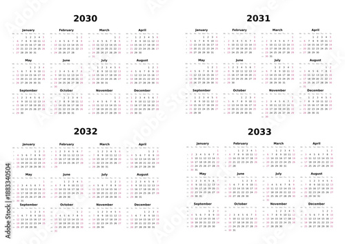 Kalender 2030 bis 2033 mit Wochenzählung, englisch, erster Wochentag ist Sonntag, Querformat