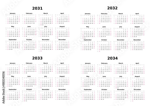 Kalender 2031 bis 2034 mit Wochenzählung, englisch, erster Wochentag ist Sonntag, Querformat