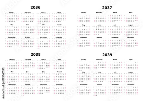 Kalender 2036 bis 2039 mit Wochenzählung, englisch, erster Wochentag ist Sonntag, Querformat