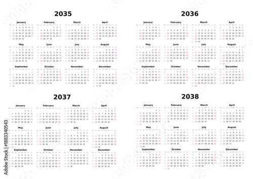 Kalender 2035 bis 2038 mit Wochenzählung, englisch, erster Wochentag ist Sonntag, Querformat