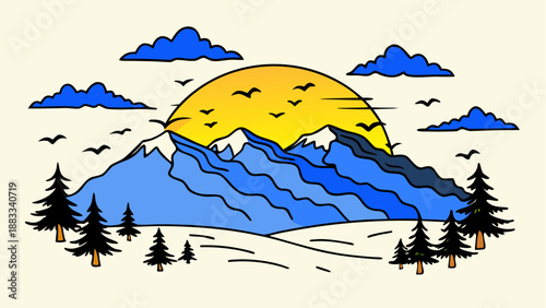 Sunset mountain landscape with birds and trees