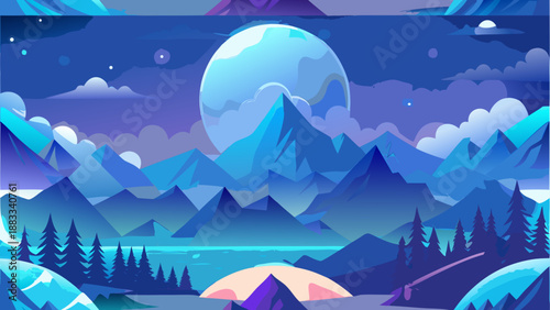 Serene night landscape with moonlit mountains