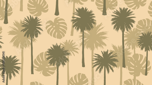 Tropical Palm Trees and Monstera Leaves Seamless Pattern, Beige and Khaki